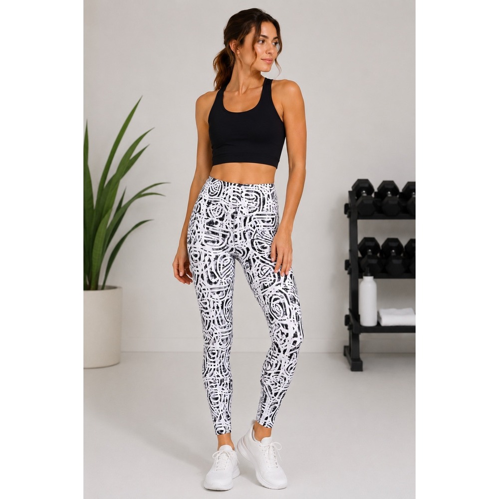Kinesis Womens Black White Abstract Geometric Print High Waist Leggings‎ Size M